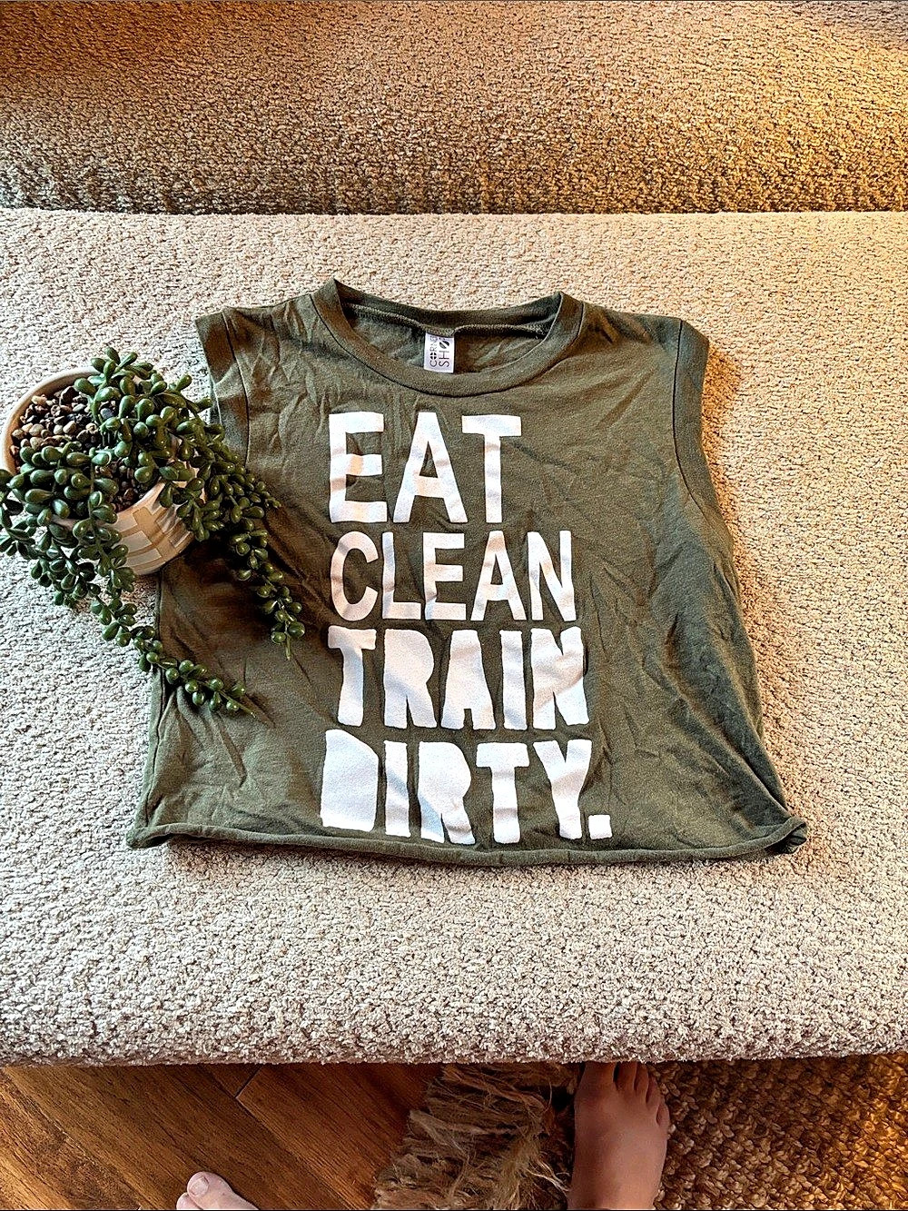 Corner Shop Eat Clean Train Dirty Tank Top Green & White Small